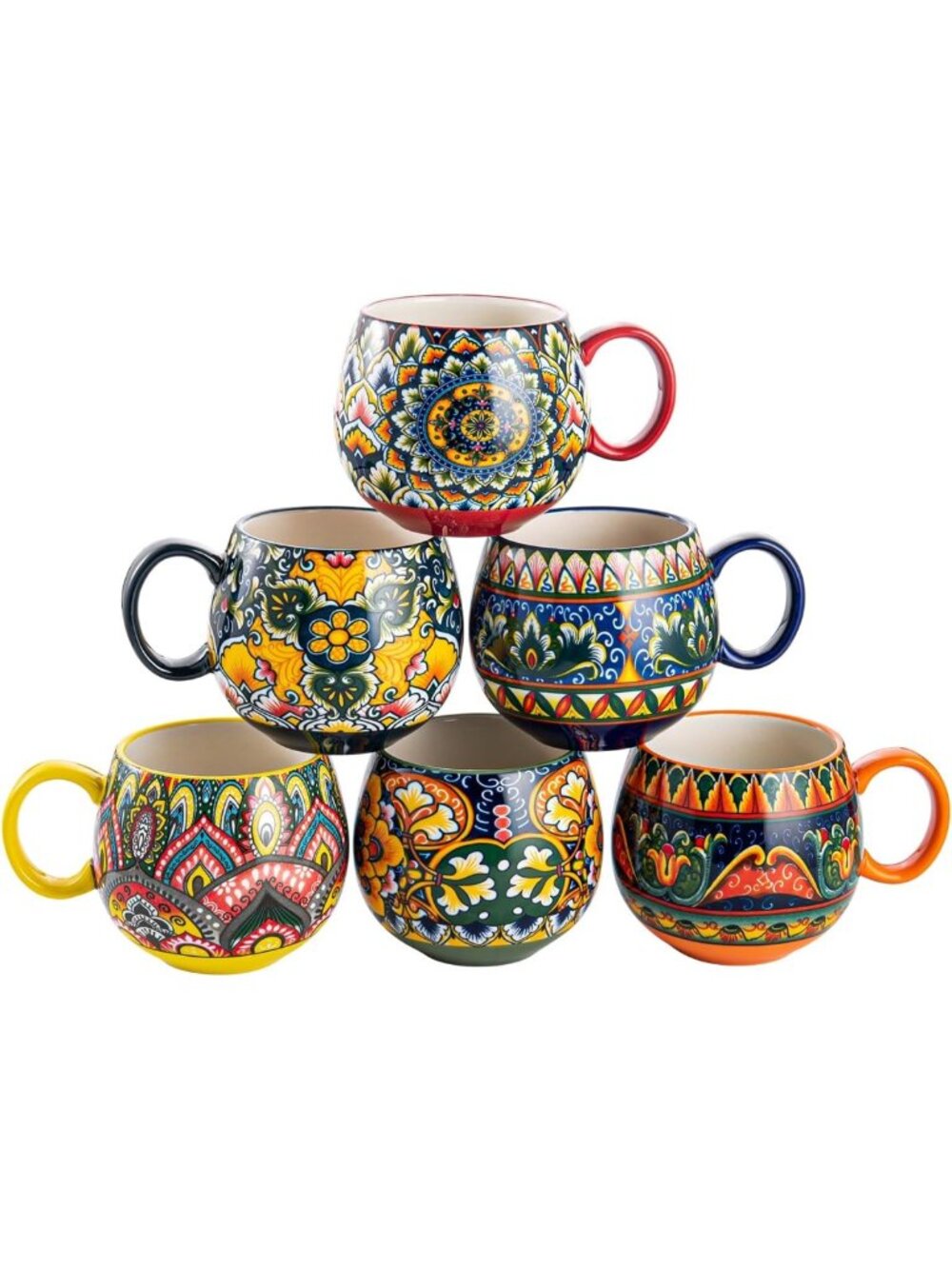 Colorful Ceramic Coffee Mug Set of 6 - 20 oz Boho Porcelain Cups for Latte, Tea